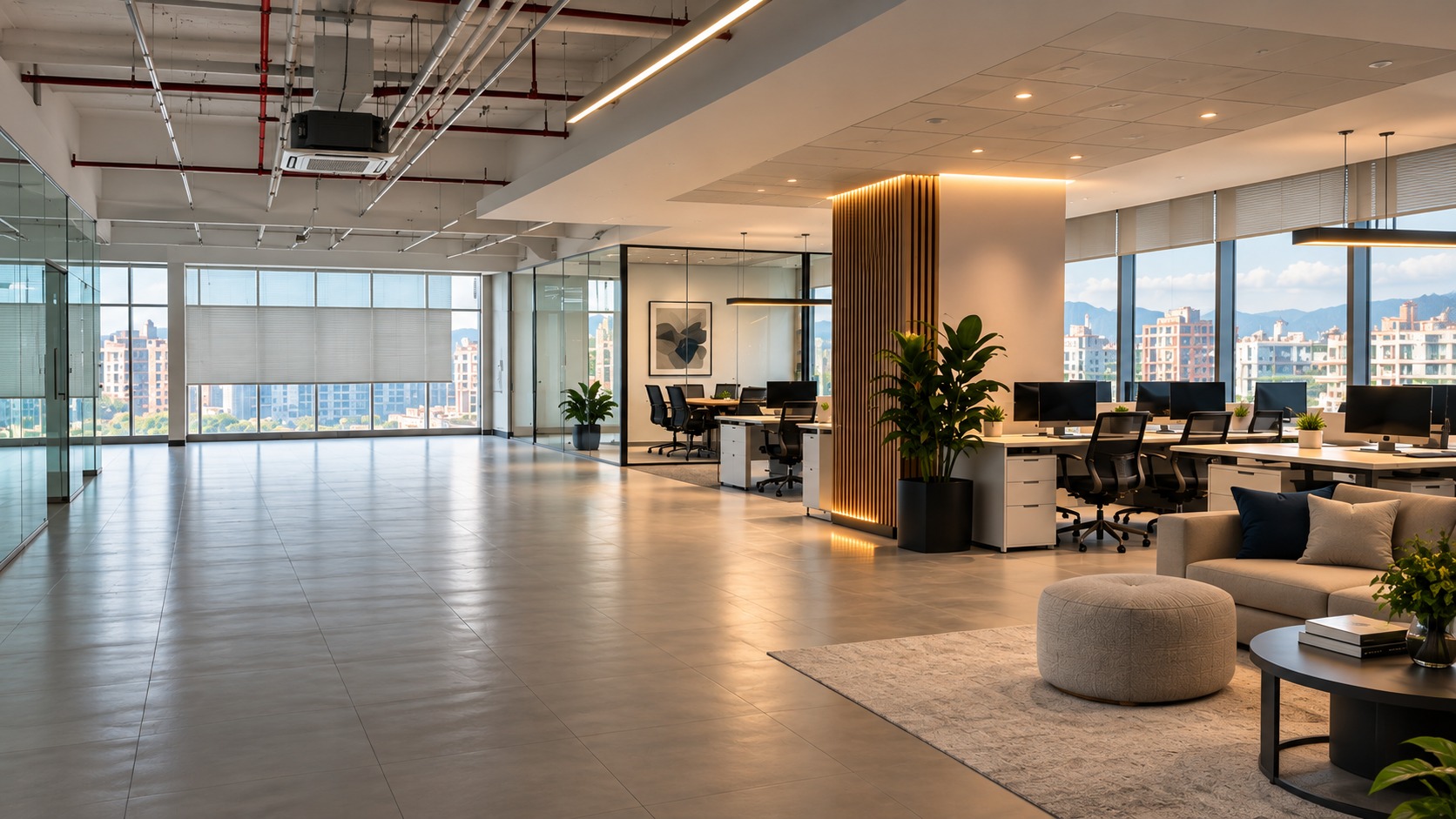 Interior de oficina con áreas de trabajo y sala de estar